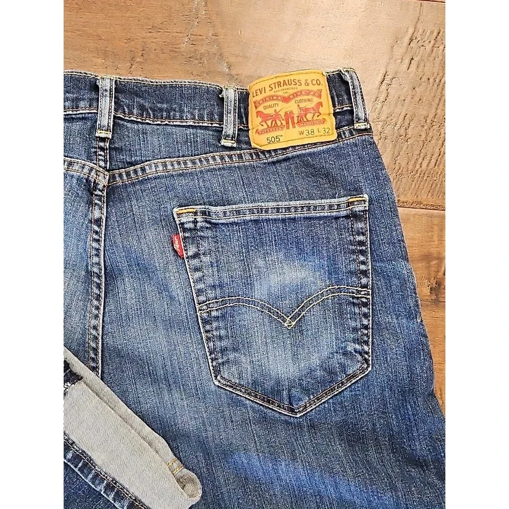Levis Jeans Mens 38×32 Blue Denim Pants Faded 505 Straight Regular Stretch Work